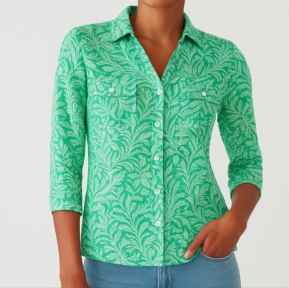 J. McLaughlin Brynn Preppy Linen Button-Up Shirt Tropical Print Green White XL - Picture 3 of 12
